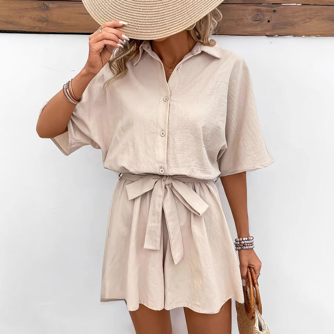 Women's Romper – Light Fabric – Relaxed Fit – Short-Sleeved with Belt and Collar