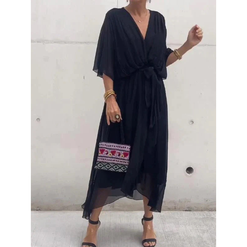 Dress for Women – Maxi – Loose Fit – Batwing Sleeves – Asymmetric Hem – Waist Tie