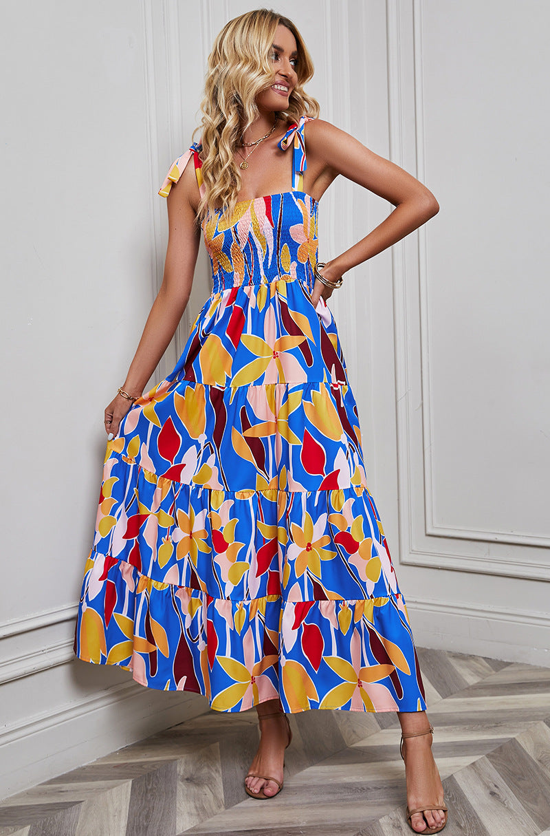 Dress for Women – Smocked Bodice – Tie Straps – A-line with Ruffles – Backless Design