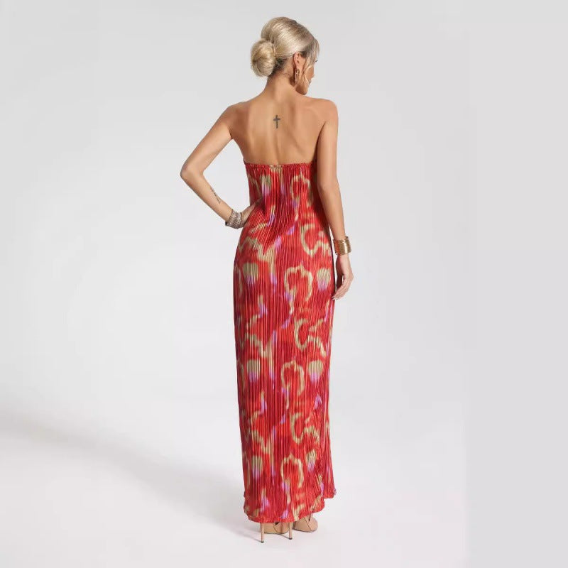Dress for Women – Strapless Maxi Dress – Slim Fit – Pleated Fabric – Abstract Pattern