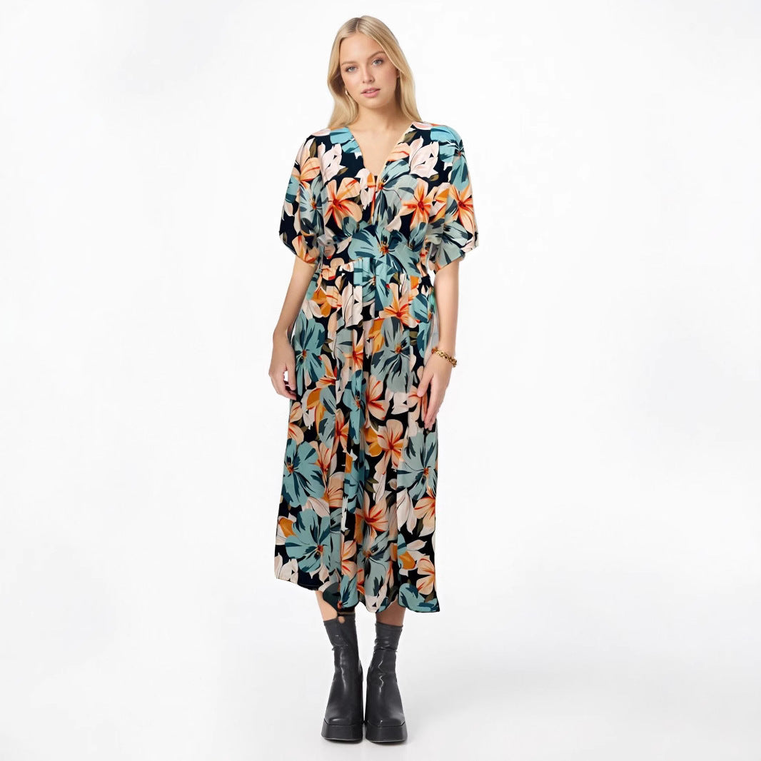 Dress for Women – V-neck – High Waist – Loose Fit – Print – Split in Skirt