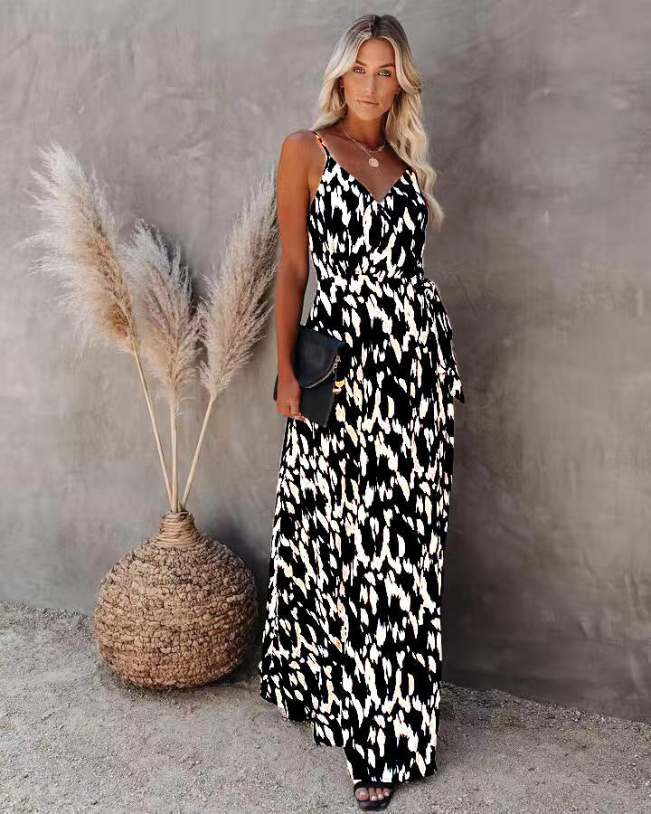 Dress for Women – Slim Fit – A-line – Spaghetti Straps – V-neck – Patterned