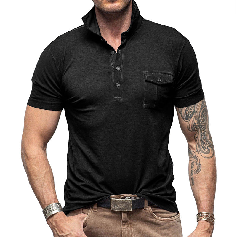 Men's Pique Shirt – Slim Fit – Short Sleeve – Breathable Cotton – Stand Collar – Chest Pocket