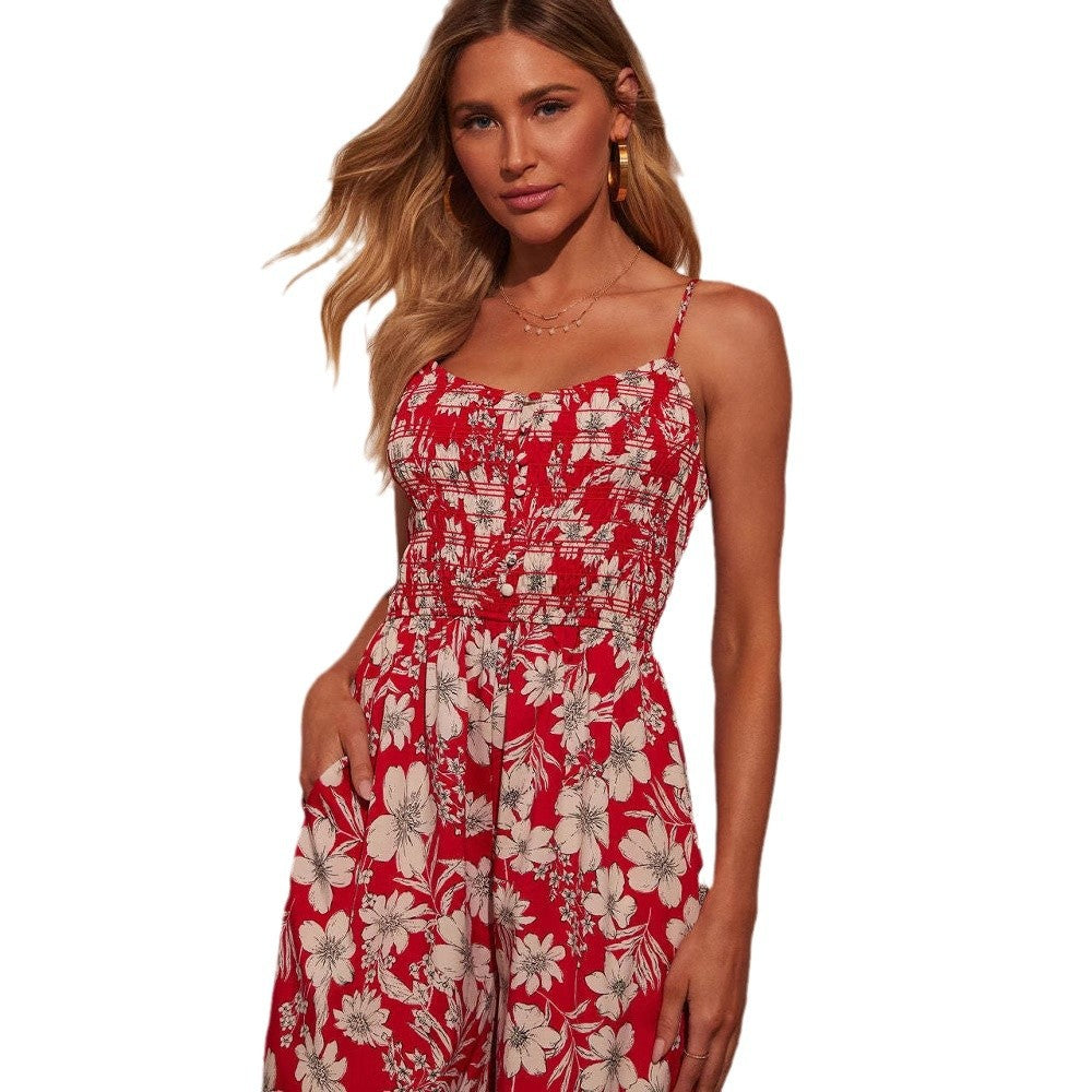 Dame Jumpsuit – Blomsterprint – Vid Ben – Smock Liv – Spagettistropper – Komfort Fit