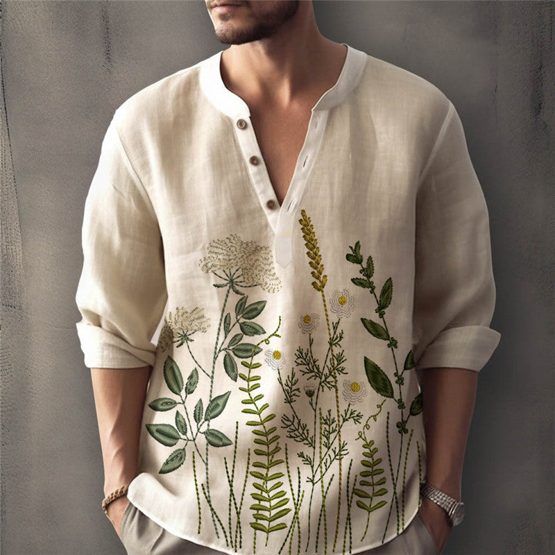 Men's Shirt – Relaxed Fit – Floral Embroidery – Henley Neck – Light Cotton Blend
