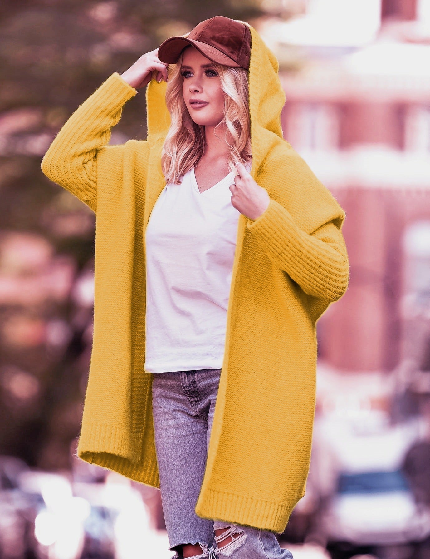 Women's Knitted Hoodie – Oversized Fit – Wide Sleeves – Open Front – Wool Blend