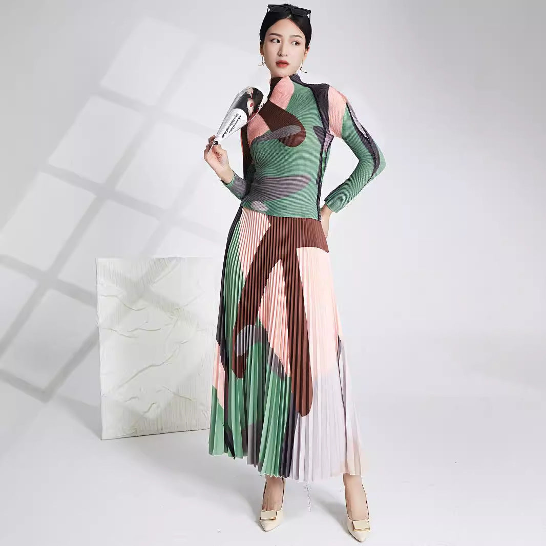Women's Dress Set – Fitted Top with High Neck – Pleated Midi Skirt – Elastic Fabric