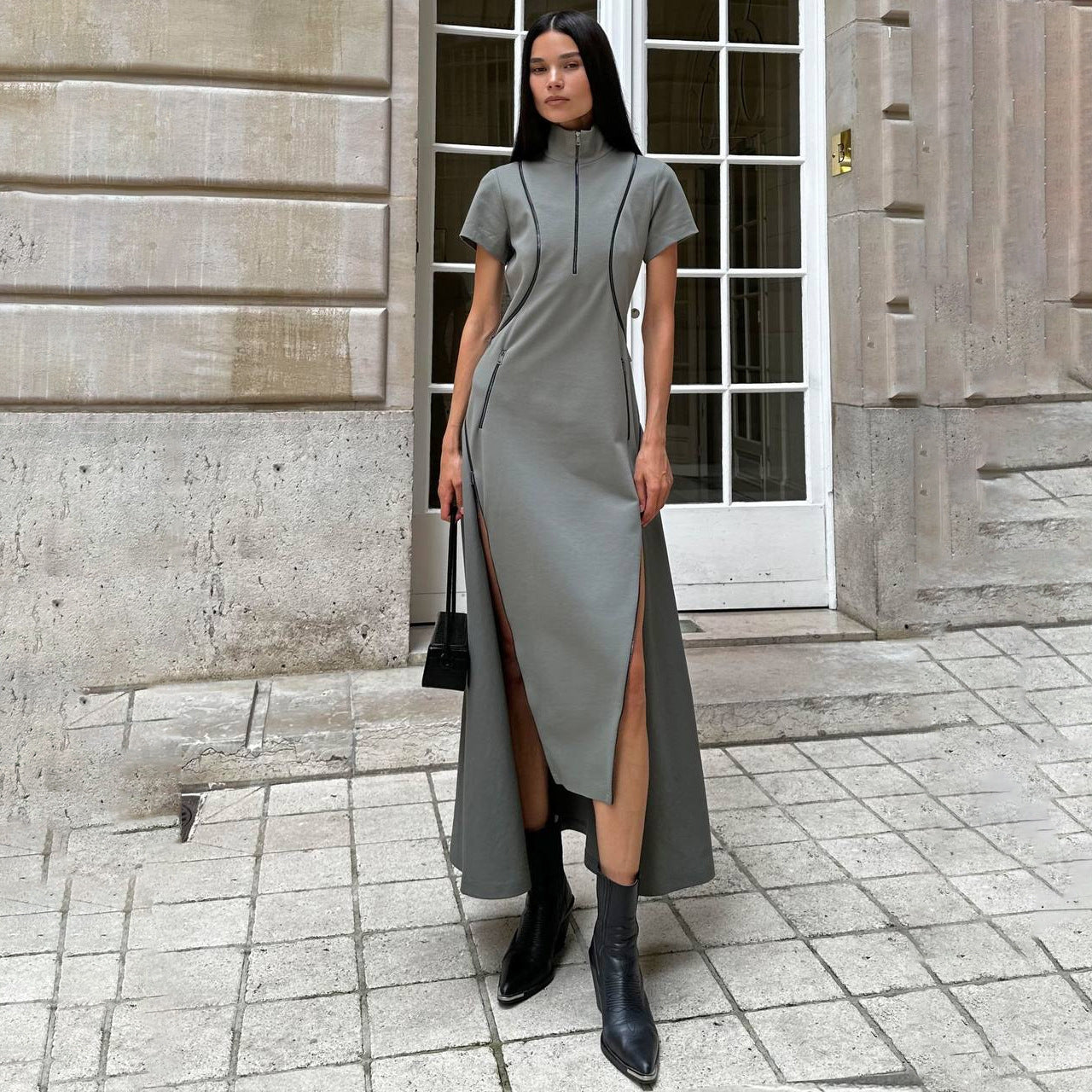 Dress for Women – Tight Fit – Half Zipper – High Slit – Short Sleeve