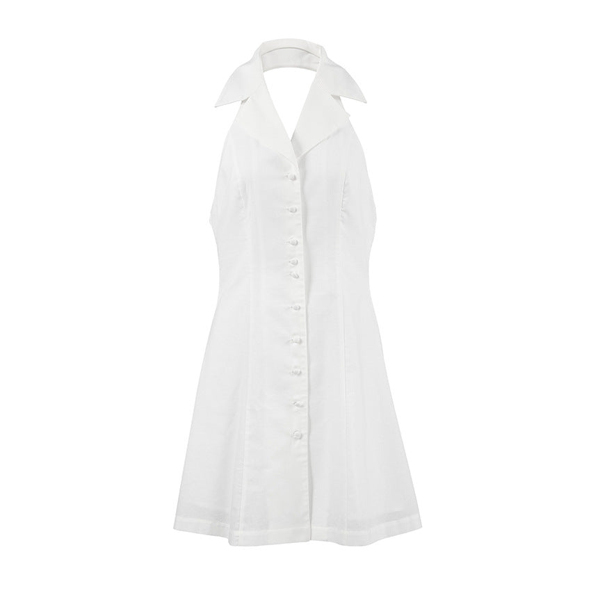 Dress woman – Halterneck – V-neckline – Slim fit – Linen blend – Mini length