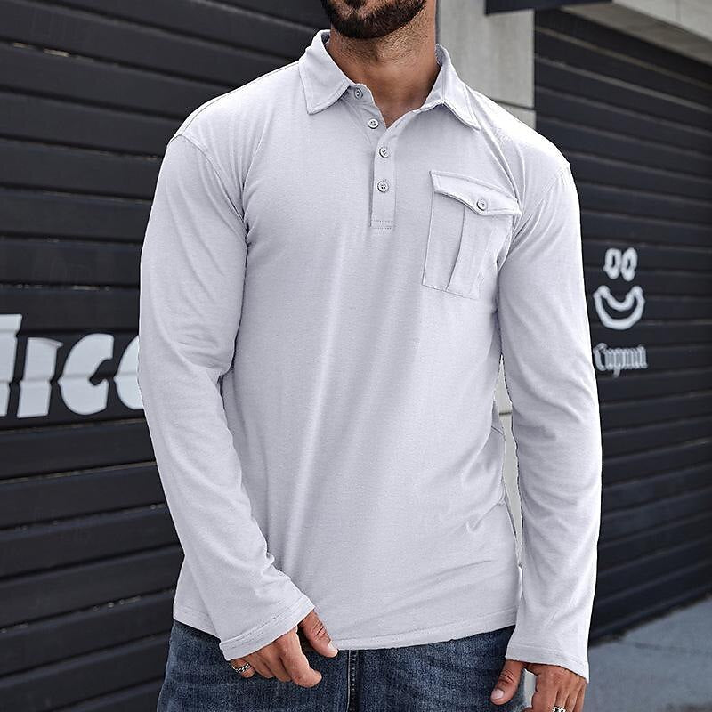 Men's Henley Pique Shirt – Long Sleeve – Modern Collar – Chest Pocket – Regular Fit