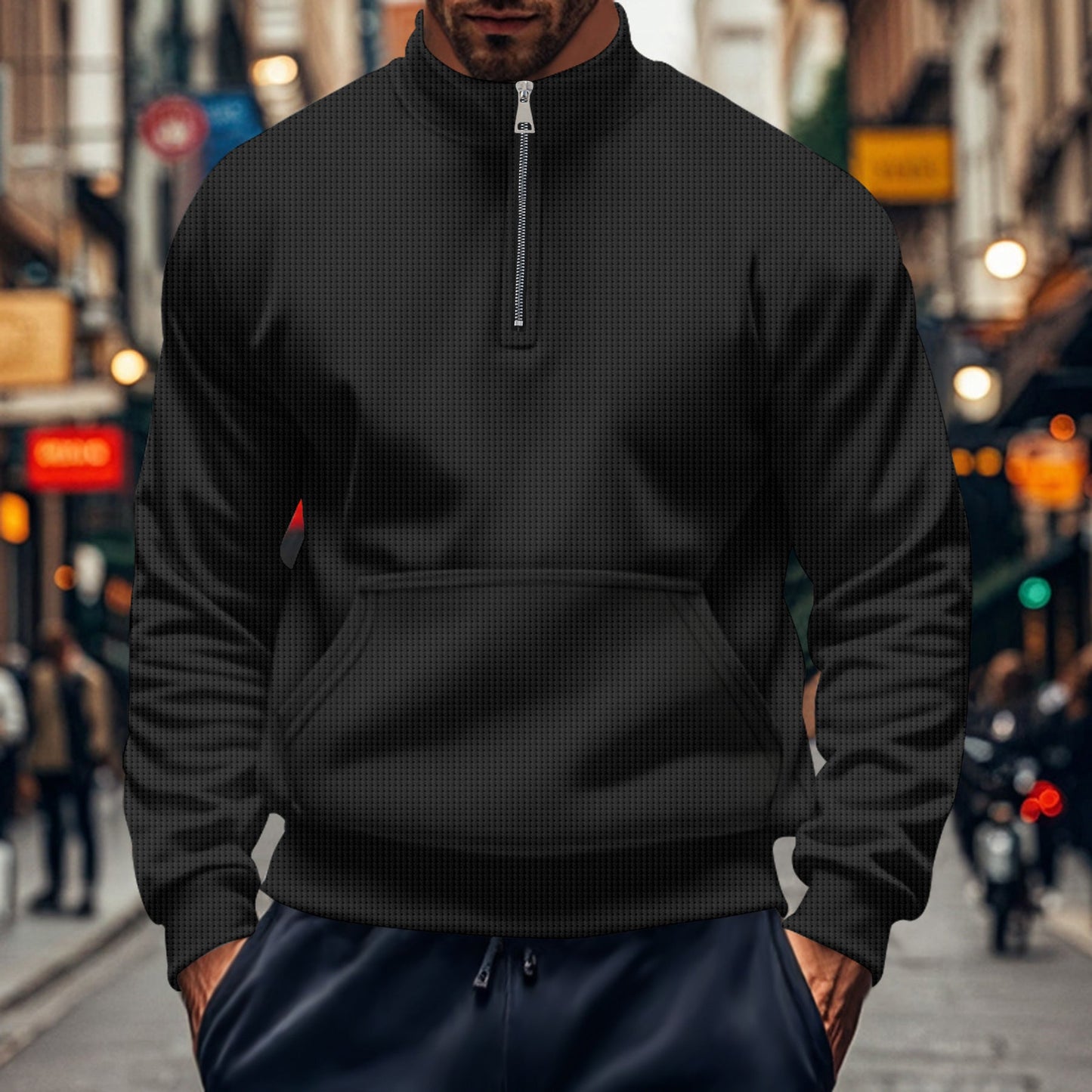 Men's Sweater – Relaxed Fit – Half Zip – Kangaroo Pocket – Ribbed Edges – Cotton Knit