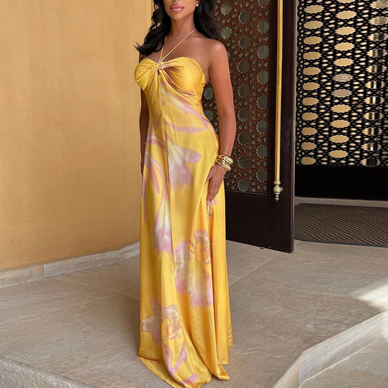 Dame Maxi Kjole – Satengfølelse – Halterneck – Stroppeløs Bandeau – Elegant Trykk