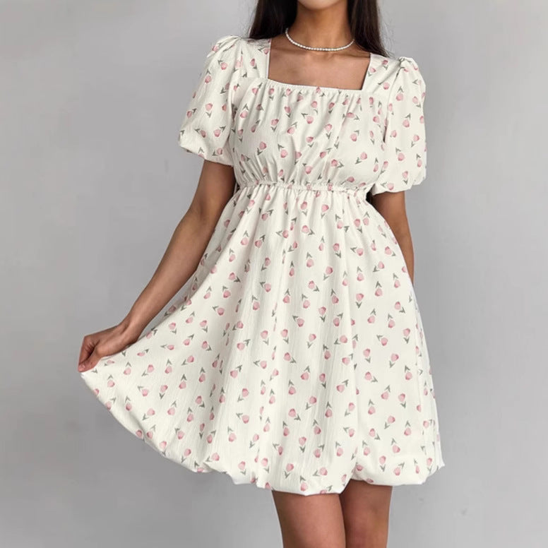 Women's Dress A-line – Short Length – Puff Sleeves – Floral Print – Square Neckline