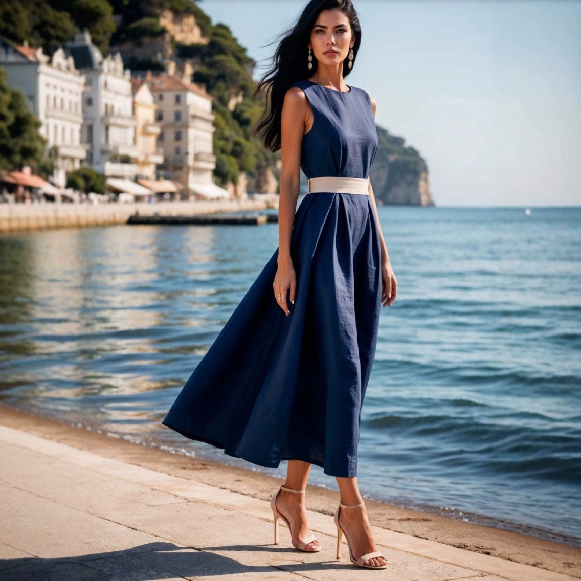 Women's Dress Midi – Sleeveless A-line – Tie Belt at Waist – Natural Fibers