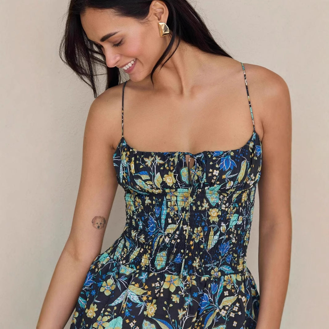 Women's Dress – Cotton – Smocked Bodice – A-line – Spaghetti Straps – Short Length