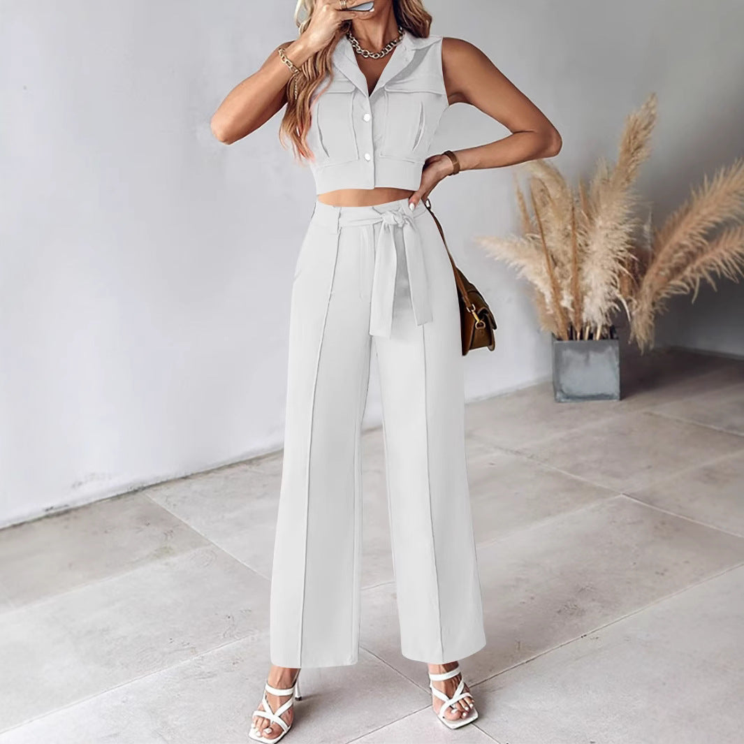 Women's Set with Sleeveless Crop Top – High Waist – Wide Pants – Belted Fit