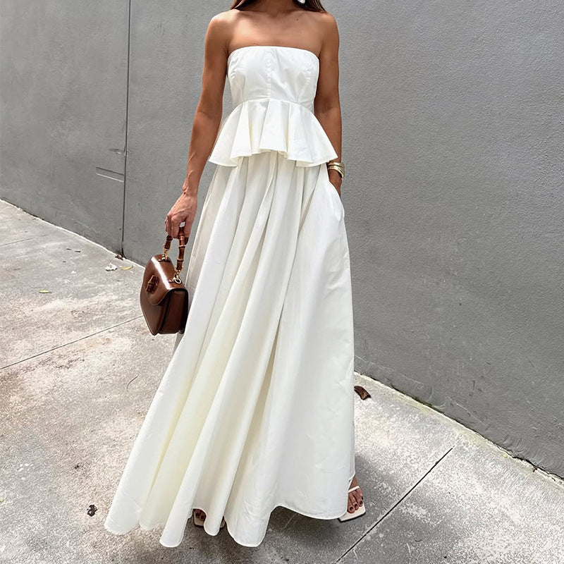 Dress for Women – Strapless Maxi Dress – Fitted Waist – Peplum – A-line Shape