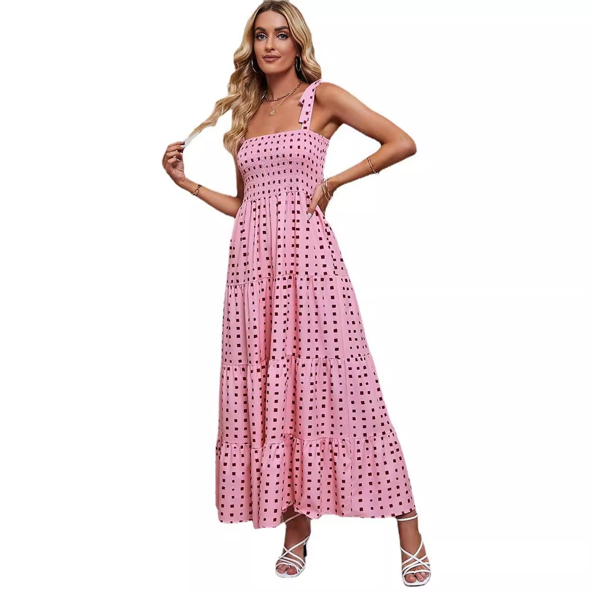 Dress for Women – Smocked Bodice – Tie Straps – A-line with Ruffles – Backless Design
