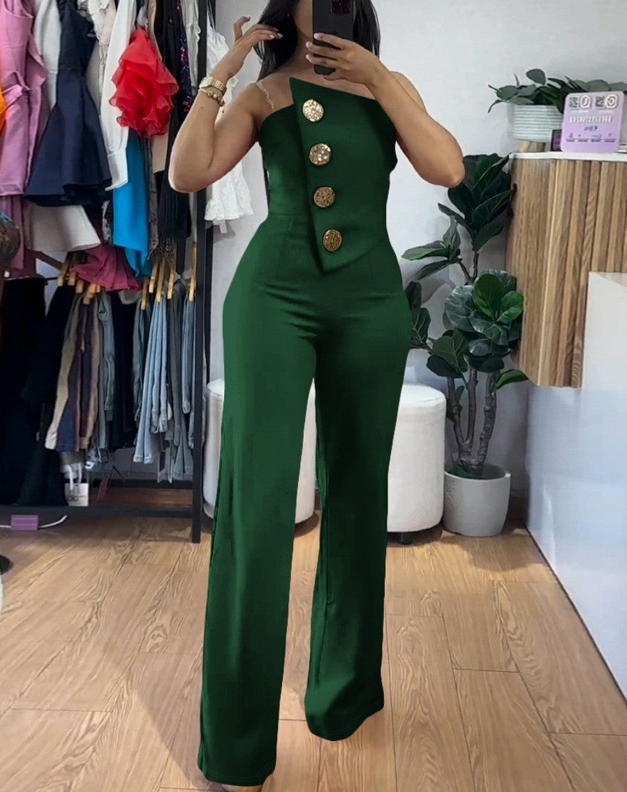 Women's jumpsuit – one shoulder – slim fit – wide legs – gold buttons