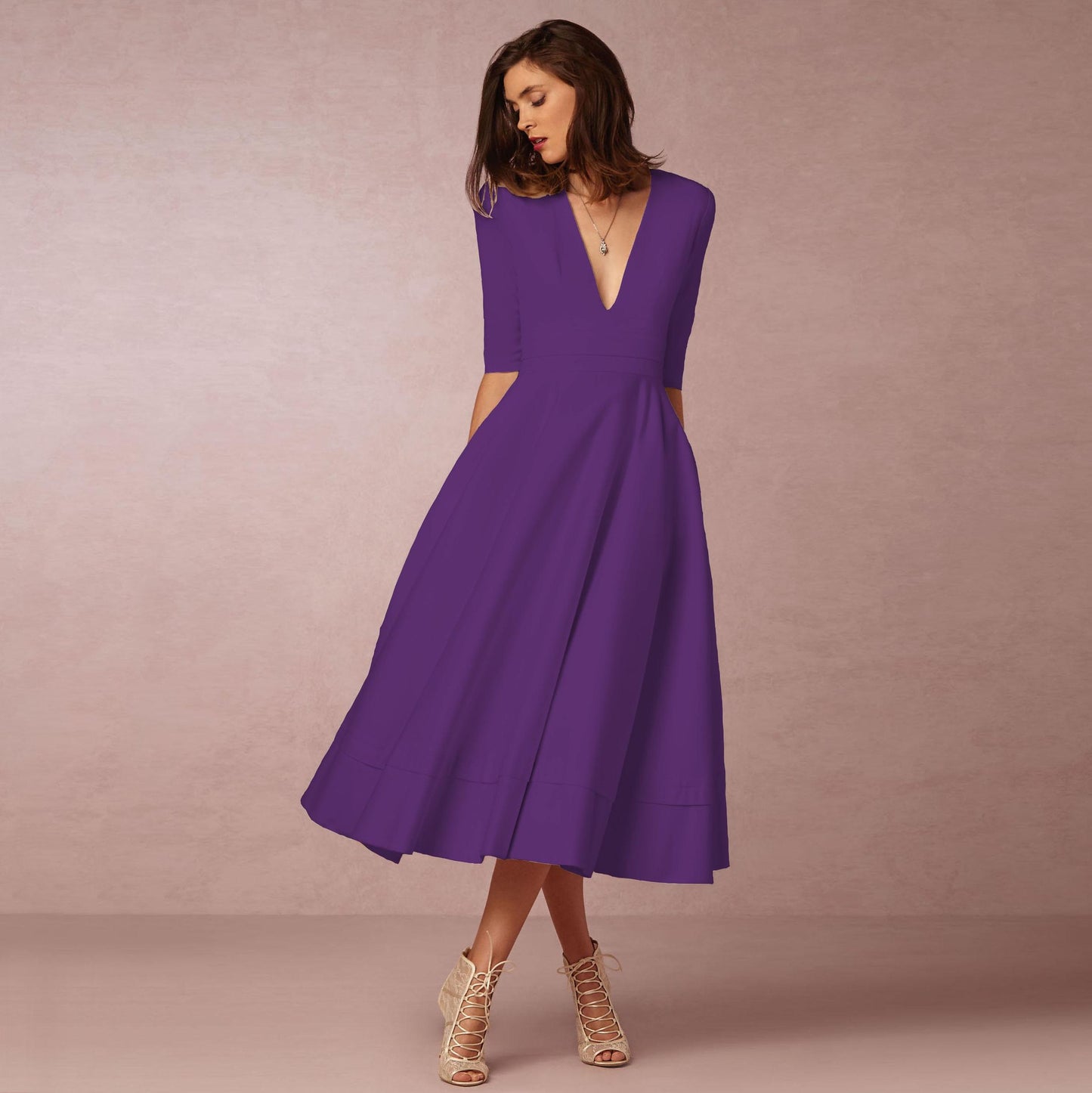 Dress for Women – Satin-like Fabric – Fitted Bodice – A-line – V-neck – Midi – Elbow-length Sleeves