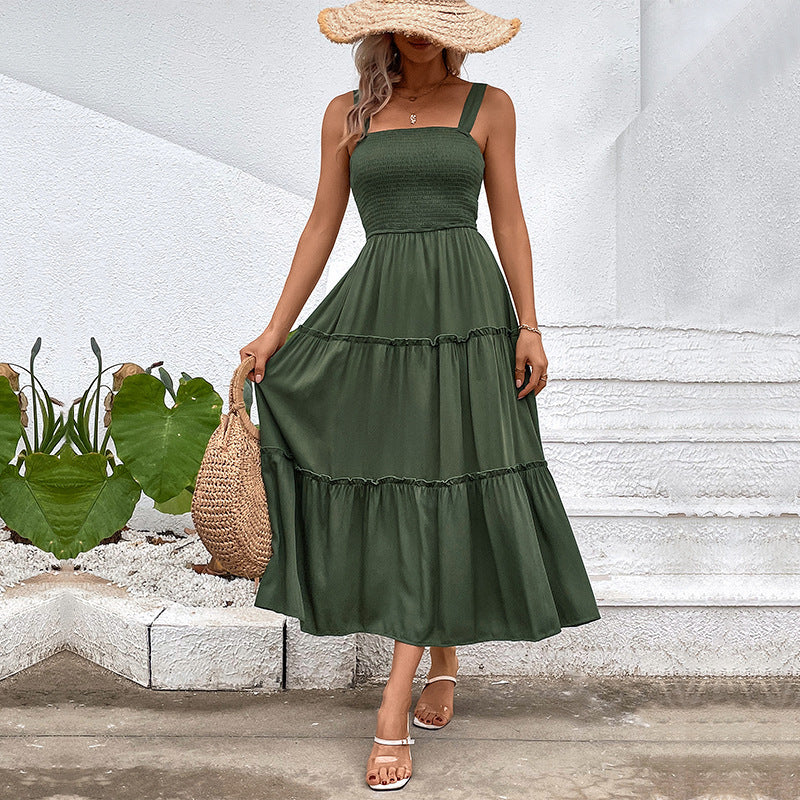 Dress woman – Sleeveless – Smocked waist – A-line shape – Soft cotton blend – Midi
