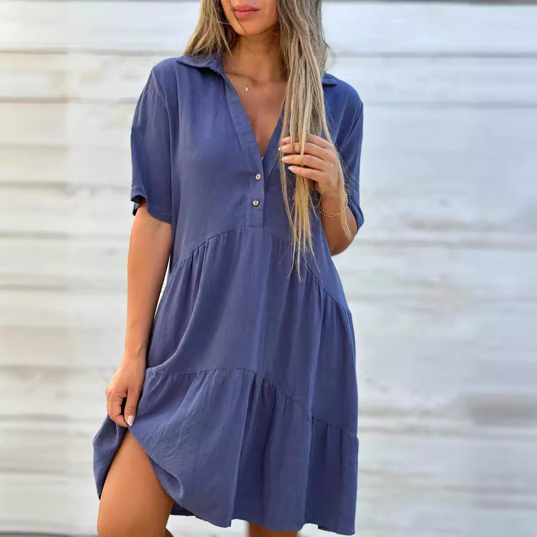 Dress for Women – Relaxed Fit – Short Sleeve – Collar – Layered – Natural Fibers