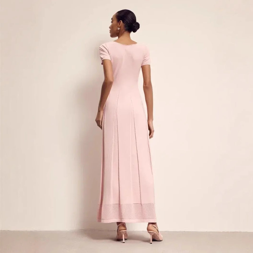 Dress woman maxi – Slim fit – V-neck – Short sleeves – Pleating and slit