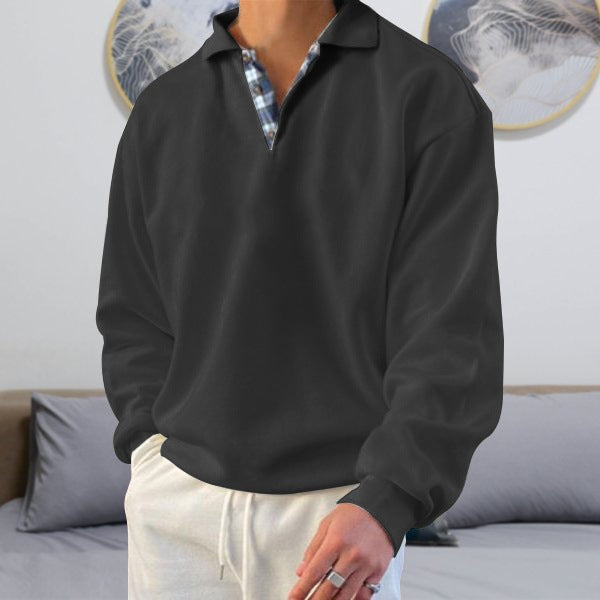 Men's Sweater – Loose Fit – V-neck with Lapels – Soft Knit – Ribbed Cuffs