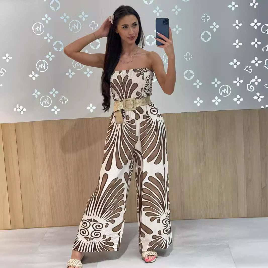 Dame Jumpsuit – Stroppeløs Vid Legg – Smockt Liv – Lett Pustende Stoff – Mønstret
