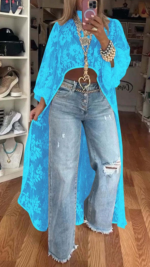 Women's Long Kimono – Sheer Floral Design – Loose Fit – Light and Elegant Layering