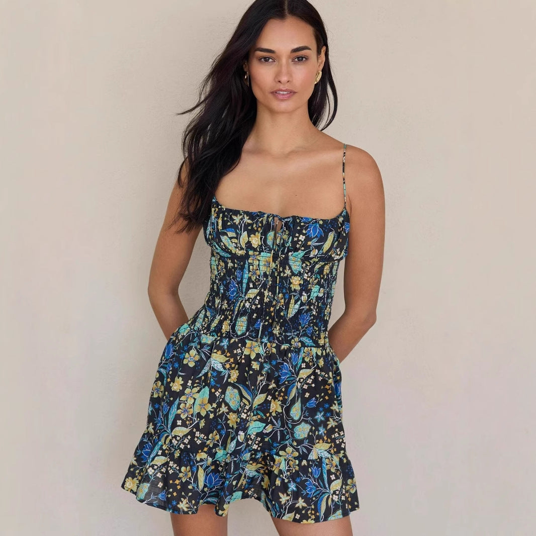 Women's Dress – Cotton – Smocked Bodice – A-line – Spaghetti Straps – Short Length