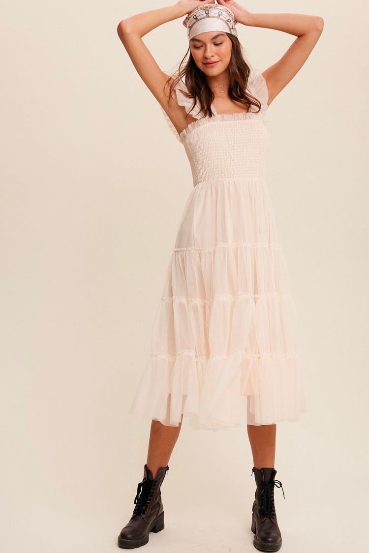 Women's Dress Long – Smocked Bodice – Tiered Mesh Skirt – Sleeveless with Ruffles