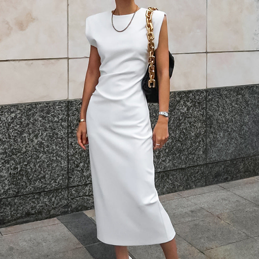Dress woman – Sleeveless midi dress – Figure-hugging satin – High neck – Side slit