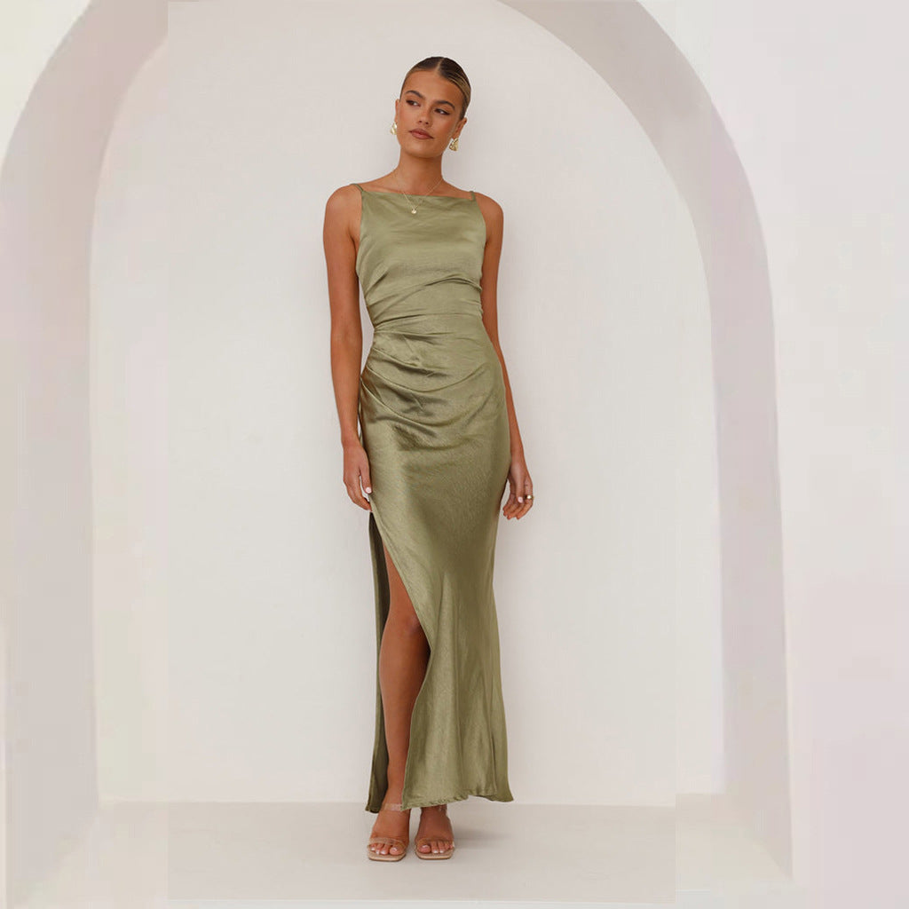 Dress for Women – Satin Midi Dress – Slim Fit – Sleeveless with High Neck and Slit