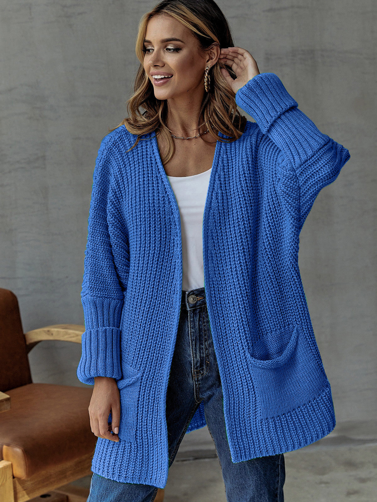 Women's Cardigan Knitted – Oversized Fit – Ribbed Knit – V-Neck – Pockets