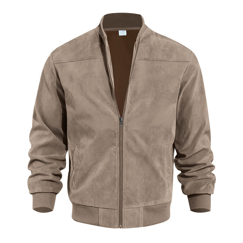 Men's Bomber Jacket – Suede Texture – High Collar – Elastic Hem and Cuffs