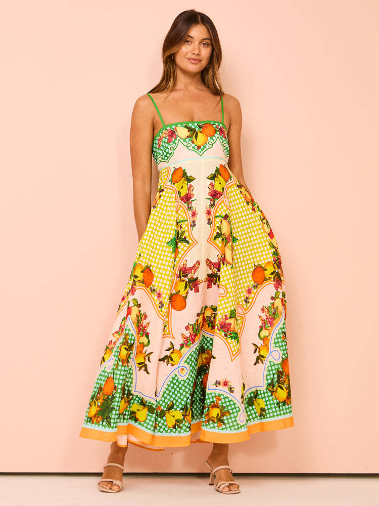 Women's midi dress – A-line fit – Smocked bodice – Spaghetti straps – Patterned