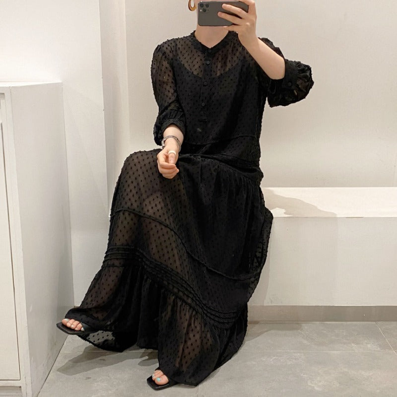 Maxi Dress for Women - Elegant Layered Design - Soft Pin Dot Pattern