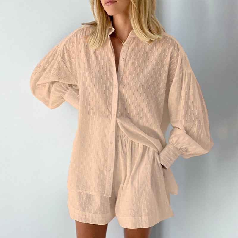 Women's set with blouse and shorts – Jacquard fabric – Relaxed fit – Puff sleeves