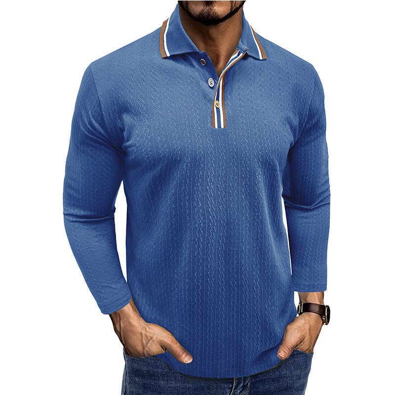 Men's Polo Shirt – Tailored Fit – Long Sleeve – Striped Collar – Knitted Texture