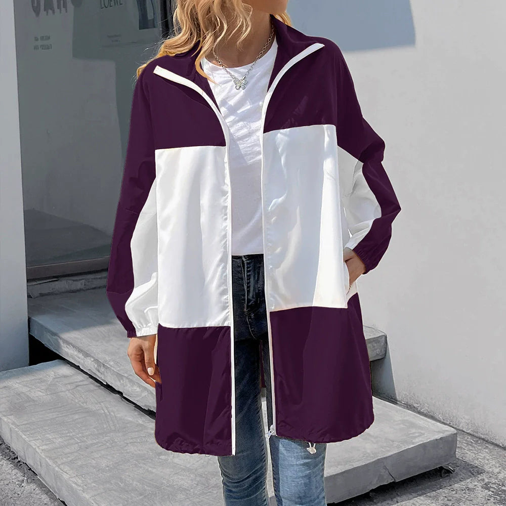 Women's Jacket – Waterproof – Hood – Relaxed Fit – Mid-Length – Color Block Design
