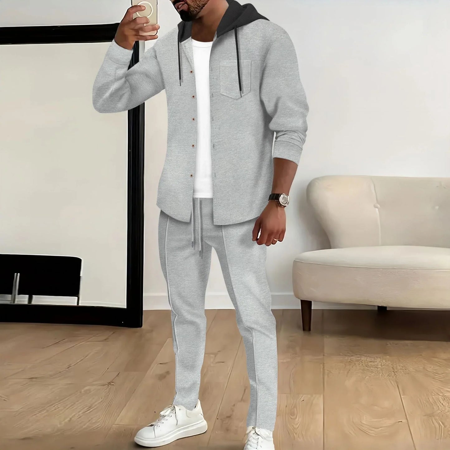 Men's Jacket with Hood – Relaxed Fit – Cotton Blend – Button Front – Chest Pocket