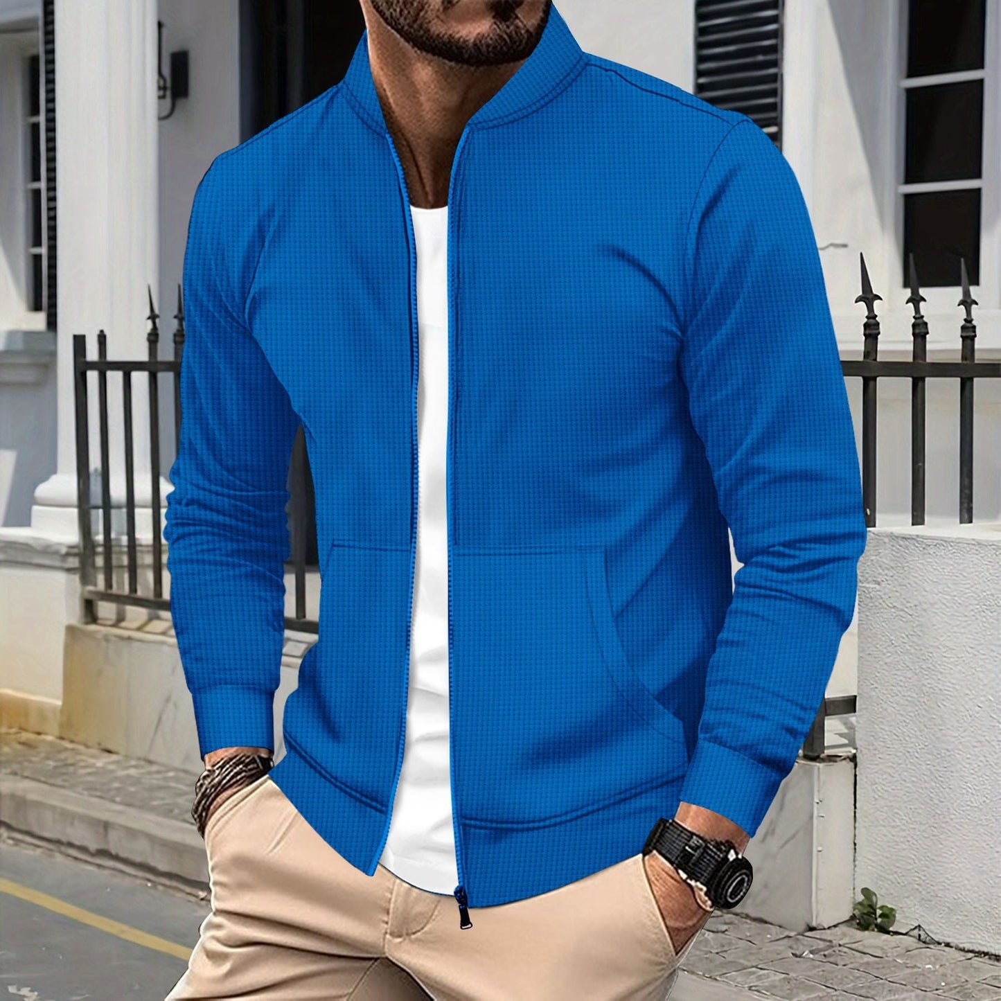 Men's Zip Jacket – Athletic Fit – Textured Fabric – Ribbed Edges – Front Pockets