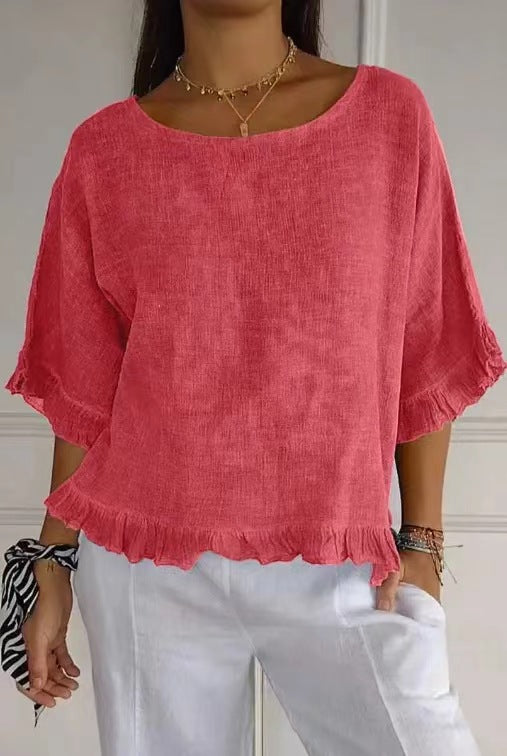 Women's Blouse – Linen and Cotton – Relaxed Fit – Ruffle Edge – Round Neck