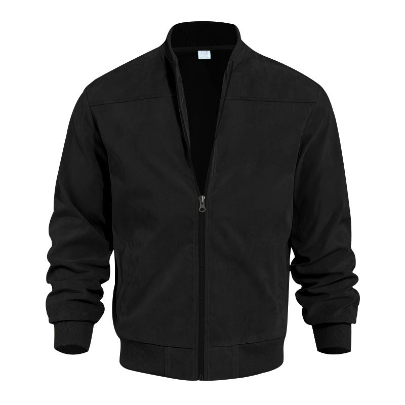 Men's Bomber Jacket – Suede Texture – High Collar – Elastic Hem and Cuffs