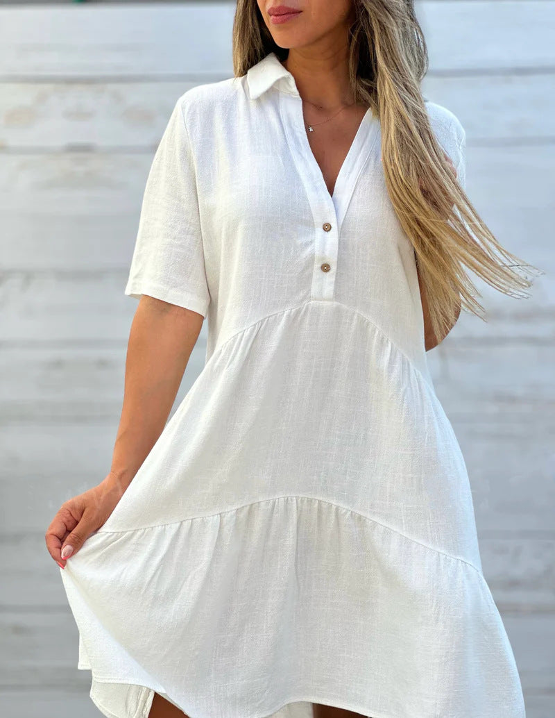 Dress for Women – Relaxed Fit – Short Sleeve – Collar – Layered – Natural Fibers