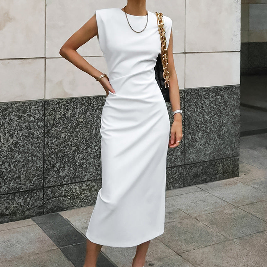 Dress woman – Sleeveless midi dress – Figure-hugging satin – High neck – Side slit