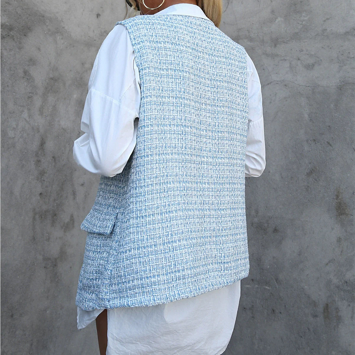 Women's Cardigan Vest – Relaxed Fit – Midi Length – Open Front – Check Pattern