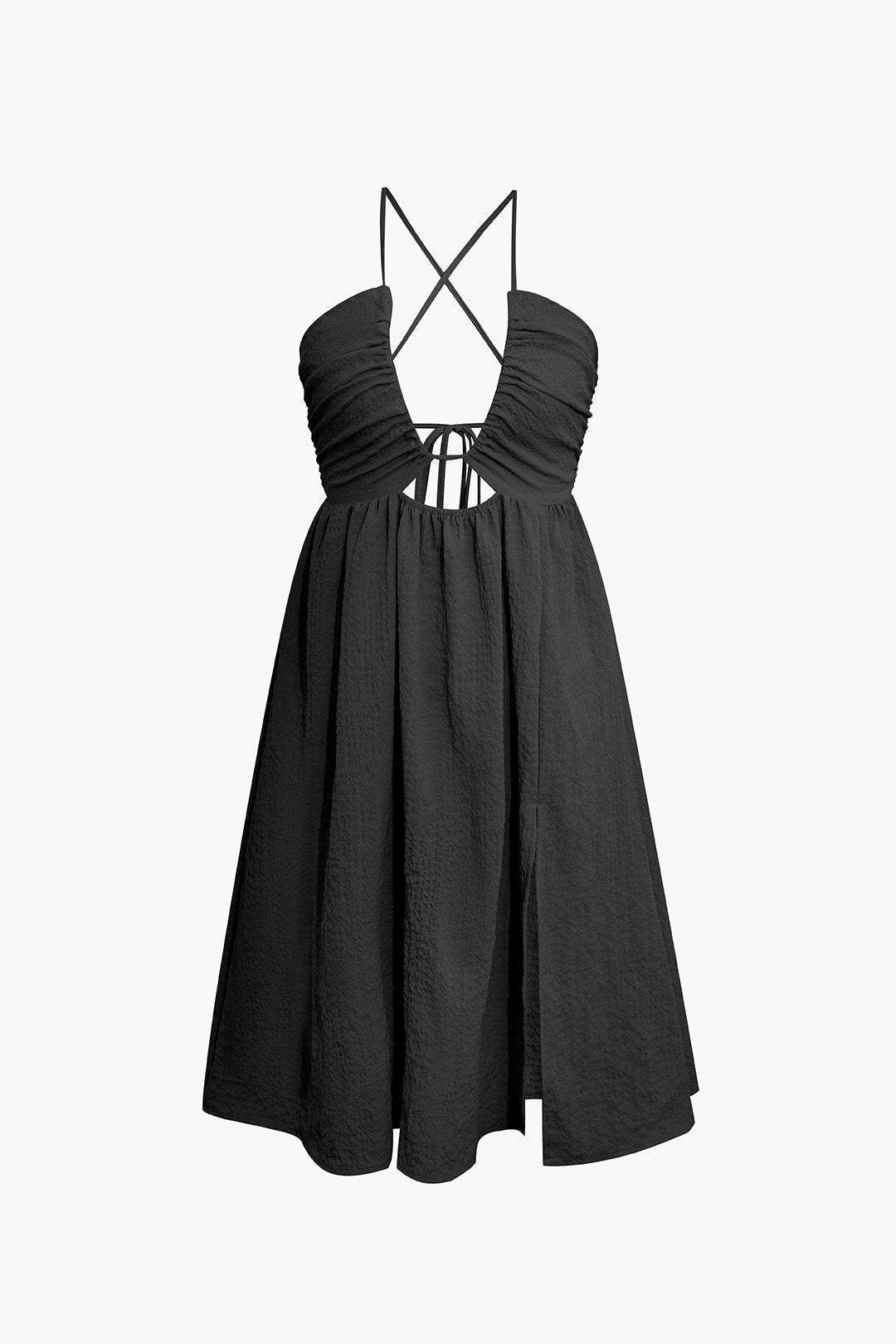 Dress women midi – relaxed fit – V-neck – shoulder straps – cut-out – high slit