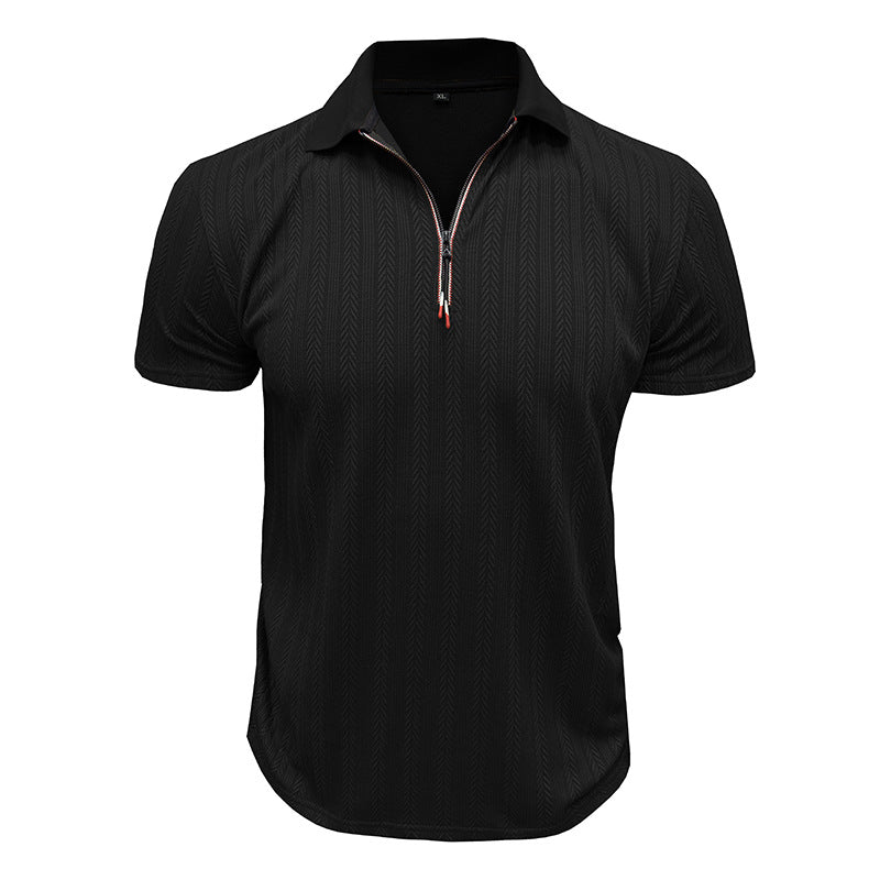 Men's Pique T-Shirt – Ribbed Knit – Zipper Neck – High Collar – Regular Fit